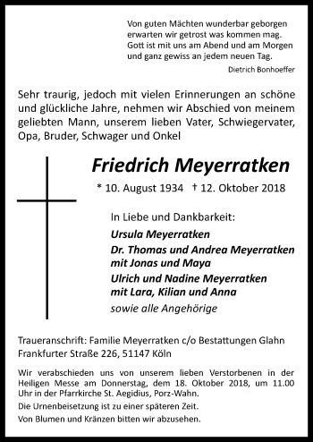Anzeige von Friedrich Meyerratken von  Kölner Wochenspiegel 