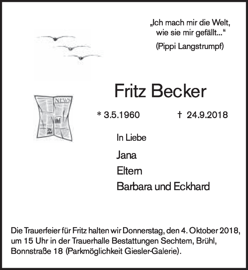  Traueranzeige für Fritz Becker vom 03.10.2018 aus  Schlossbote/Werbekurier 