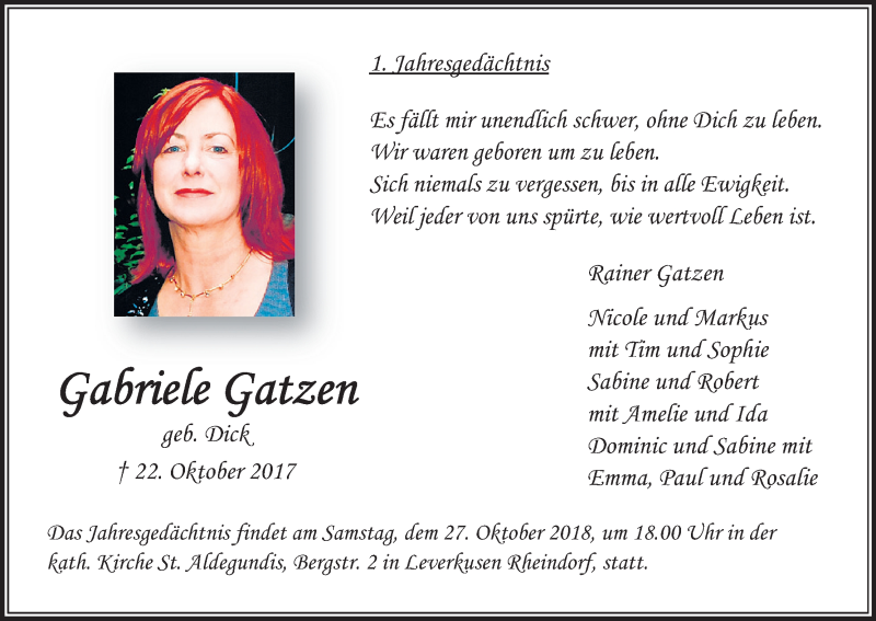  Traueranzeige für Gabriele Gatzen vom 20.10.2018 aus Kölner Stadt-Anzeiger / Kölnische Rundschau / Express
