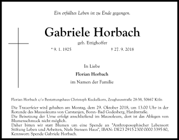 Anzeige von Gabriele Horbach von Kölner Stadt-Anzeiger / Kölnische Rundschau / Express