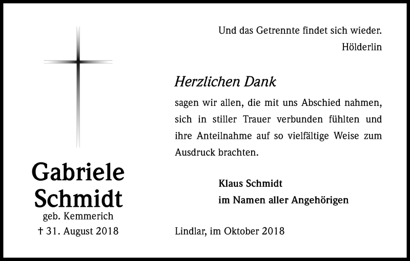 Traueranzeige für Gabriele Schmidt vom 20.10.2018 aus Kölner Stadt-Anzeiger / Kölnische Rundschau / Express