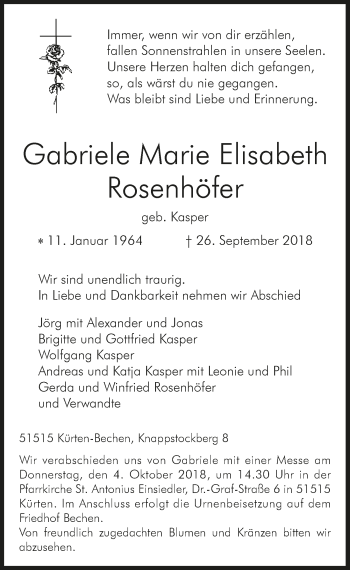 Anzeige von Gabriele Marie Elisabeth Rosenhöfer von  Bergisches Handelsblatt 