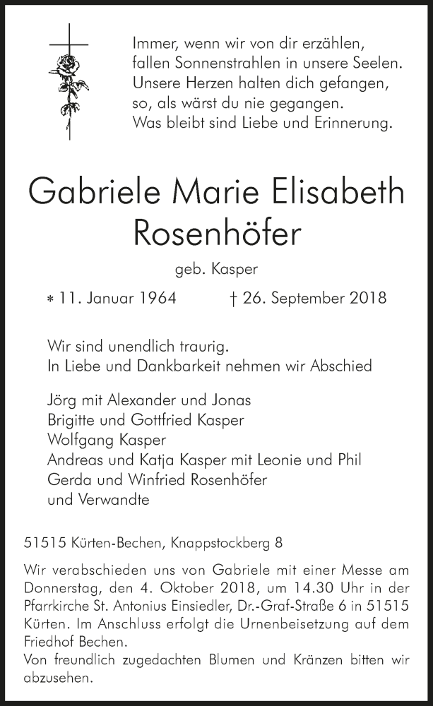  Traueranzeige für Gabriele Marie Elisabeth Rosenhöfer vom 03.10.2018 aus  Bergisches Handelsblatt 