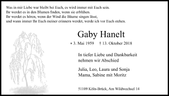 Anzeige von Gaby Hanelt von Kölner Stadt-Anzeiger / Kölnische Rundschau / Express