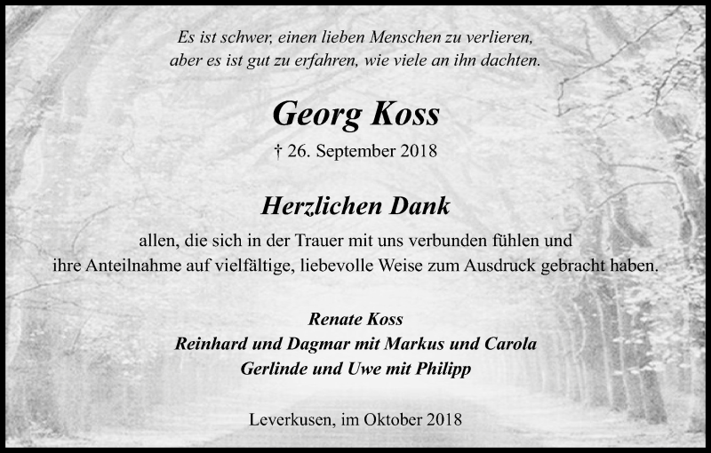  Traueranzeige für Georg Koss vom 27.10.2018 aus Kölner Stadt-Anzeiger / Kölnische Rundschau / Express