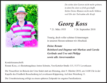 Anzeige von Georg Koss von Kölner Stadt-Anzeiger / Kölnische Rundschau / Express