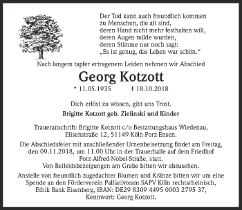 Anzeige von Georg Kotzott von  Kölner Wochenspiegel 