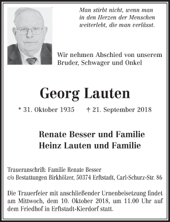 Anzeige von Georg Lauten von  Sonntags-Post 