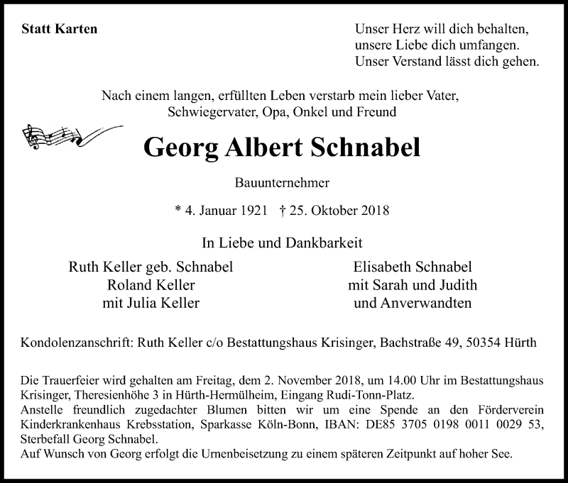  Traueranzeige für Georg Albert Schnabel vom 31.10.2018 aus Kölner Stadt-Anzeiger / Kölnische Rundschau / Express
