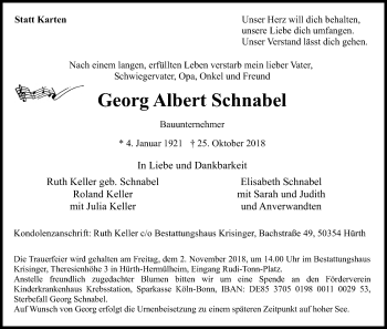Anzeige von Georg Albert Schnabel von Kölner Stadt-Anzeiger / Kölnische Rundschau / Express