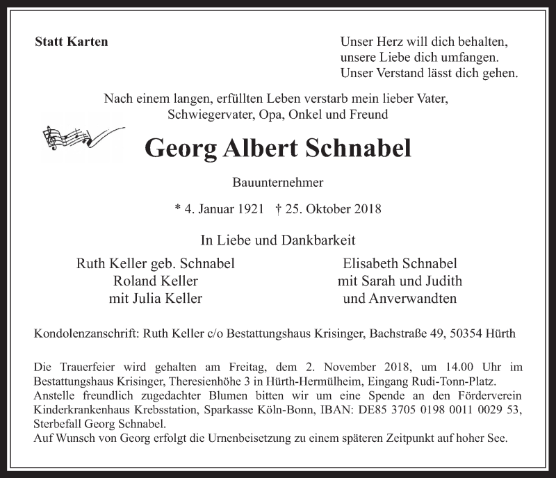  Traueranzeige für Georg Albert Schnabel vom 31.10.2018 aus  Wochenende 