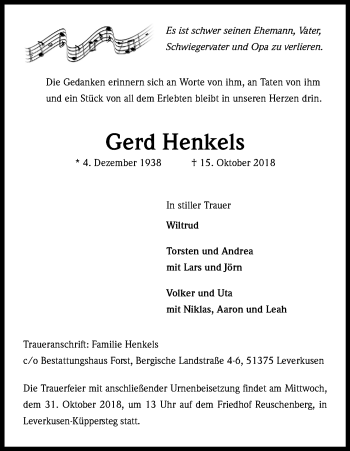 Anzeige von Gerd Henkels von Kölner Stadt-Anzeiger / Kölnische Rundschau / Express