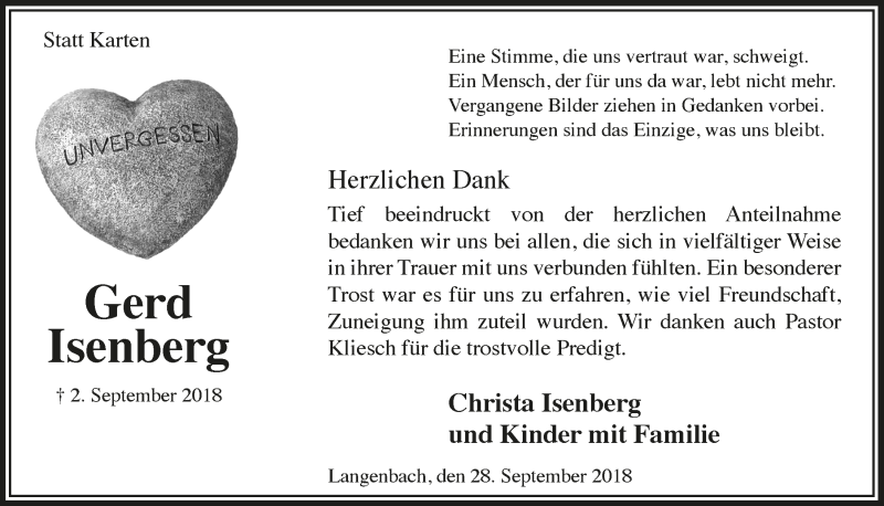  Traueranzeige für Gerd Isenberg vom 03.10.2018 aus  Lokalanzeiger 