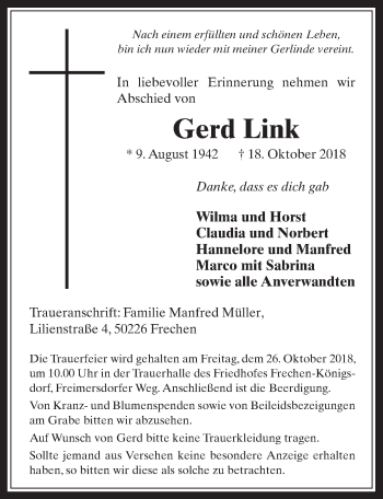 Anzeige von Gerd Link von  Wochenende 