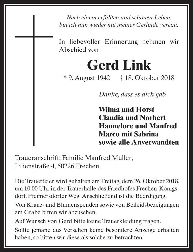  Traueranzeige für Gerd Link vom 24.10.2018 aus  Wochenende 