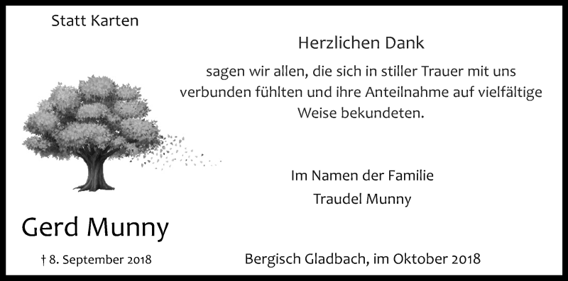  Traueranzeige für Gerd Munny vom 06.10.2018 aus Kölner Stadt-Anzeiger / Kölnische Rundschau / Express