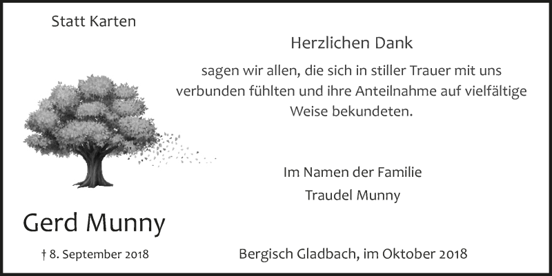  Traueranzeige für Gerd Munny vom 06.10.2018 aus  Bergisches Sonntagsblatt 