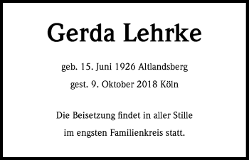 Anzeige von Gerda Lehrke von Kölner Stadt-Anzeiger / Kölnische Rundschau / Express