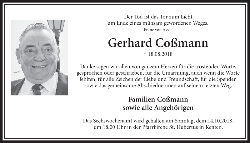  Traueranzeige für Gerhard Coßmann vom 06.10.2018 aus  Sonntags-Post 