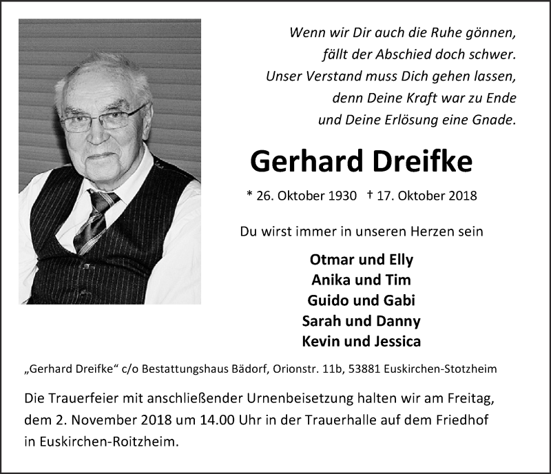 Traueranzeige für Gerhard Dreifke vom 27.10.2018 aus  Blickpunkt Euskirchen 