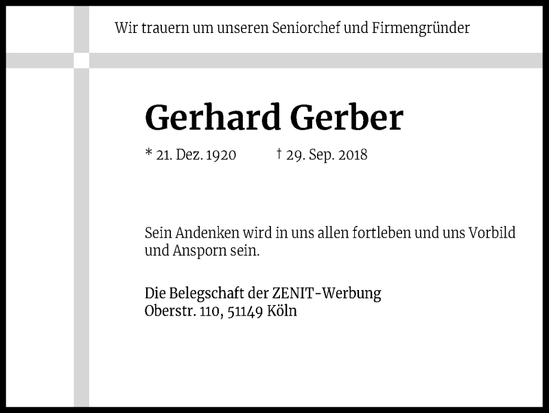  Traueranzeige für Gerhard Gerber vom 10.10.2018 aus Kölner Stadt-Anzeiger / Kölnische Rundschau / Express