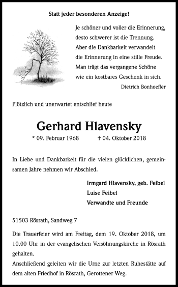 Anzeige von Gerhard Hlavensky von Kölner Stadt-Anzeiger / Kölnische Rundschau / Express