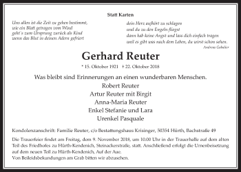 Anzeige von Gerhard Reuter von  Wochenende 