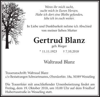 Anzeige von Gertrud Blanz von  Schlossbote/Werbekurier 