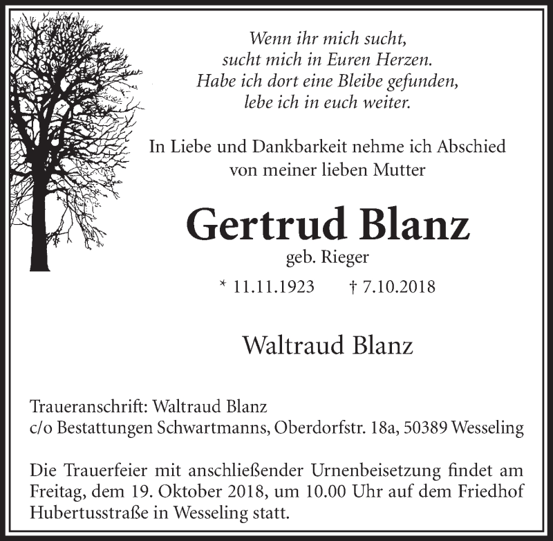  Traueranzeige für Gertrud Blanz vom 17.10.2018 aus  Schlossbote/Werbekurier 