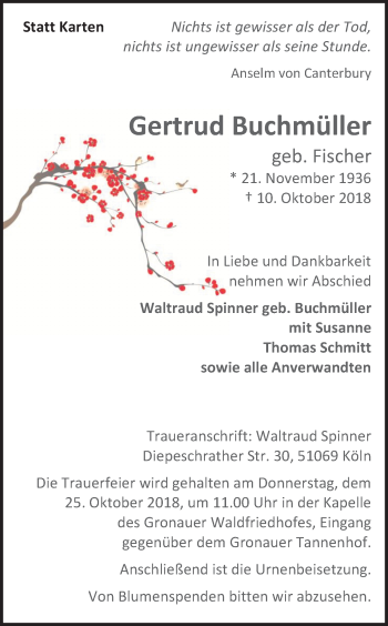 Anzeige von Gertrud Buchmüller von Kölner Stadt-Anzeiger / Kölnische Rundschau / Express