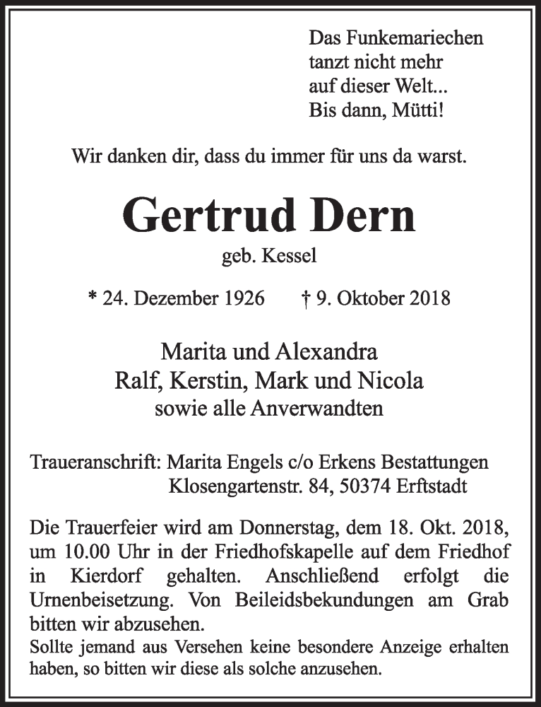  Traueranzeige für Gertrud Dern vom 13.10.2018 aus  Sonntags-Post 