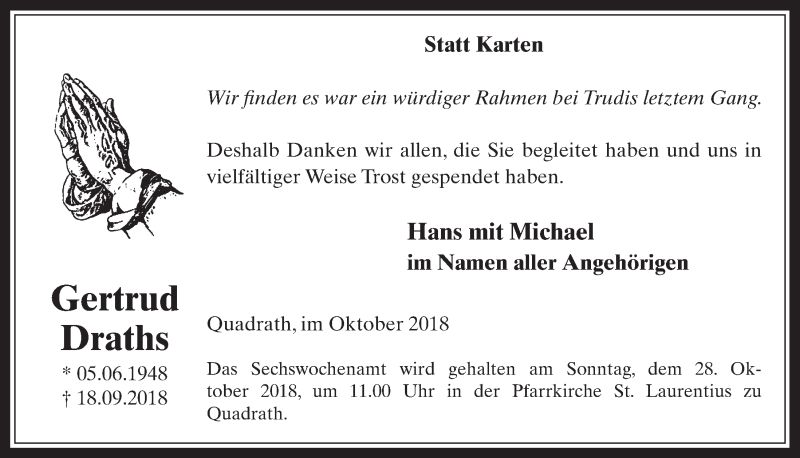  Traueranzeige für Gertrud Draths vom 24.10.2018 aus  Werbepost 