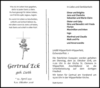 Anzeige von Gertrud Eck von Kölner Stadt-Anzeiger / Kölnische Rundschau / Express