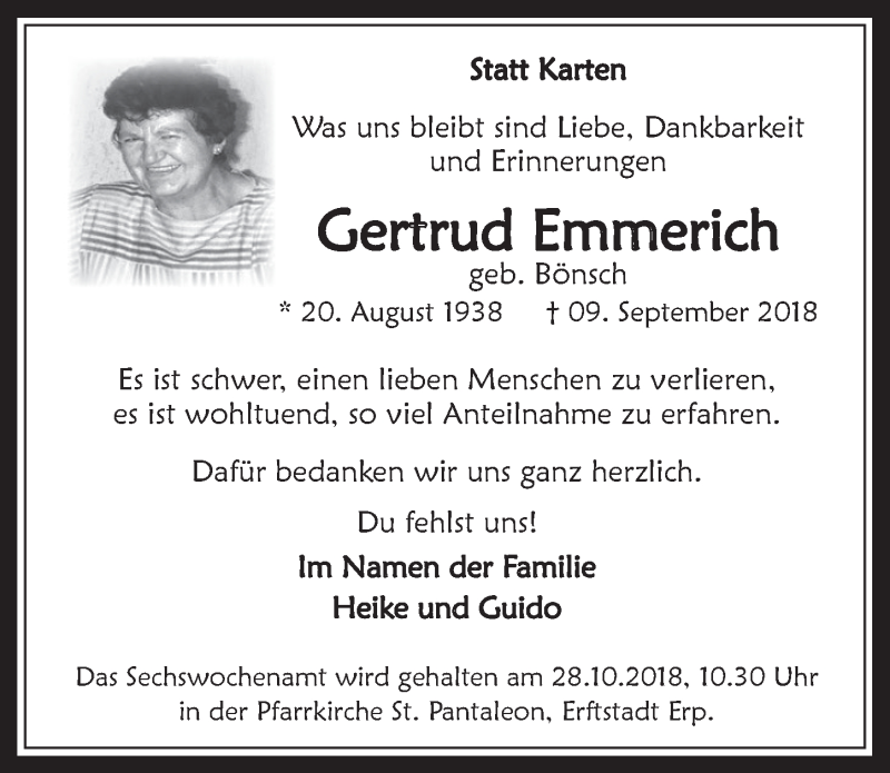  Traueranzeige für Gertrud Emmerich vom 24.10.2018 aus  Werbepost 
