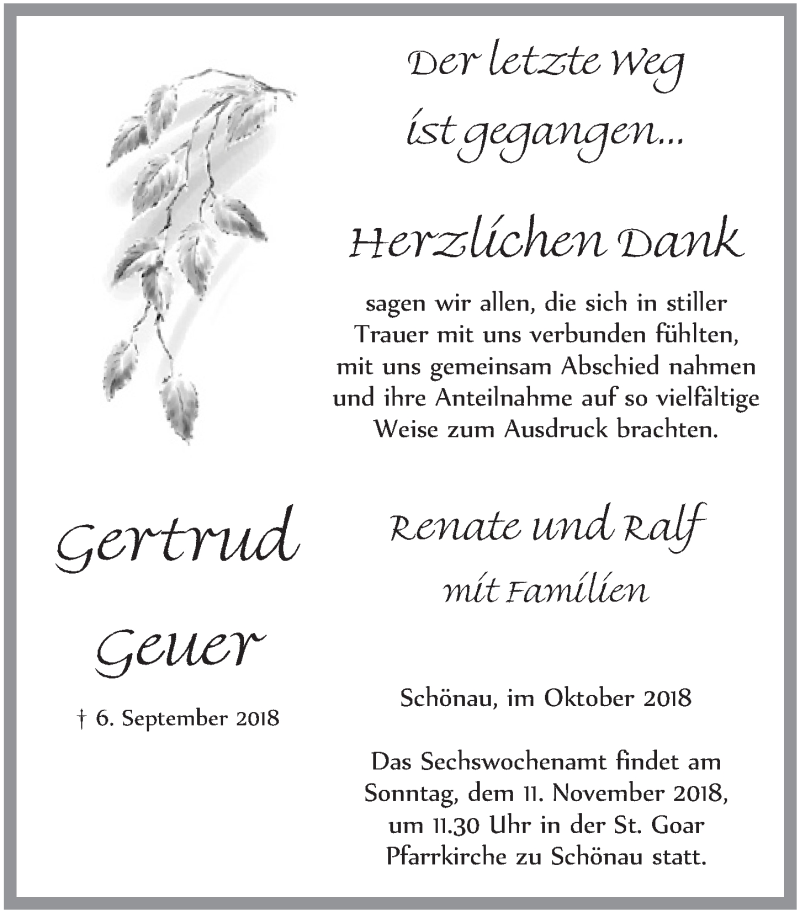  Traueranzeige für Gertrud Geuer vom 27.10.2018 aus  Blickpunkt Euskirchen 