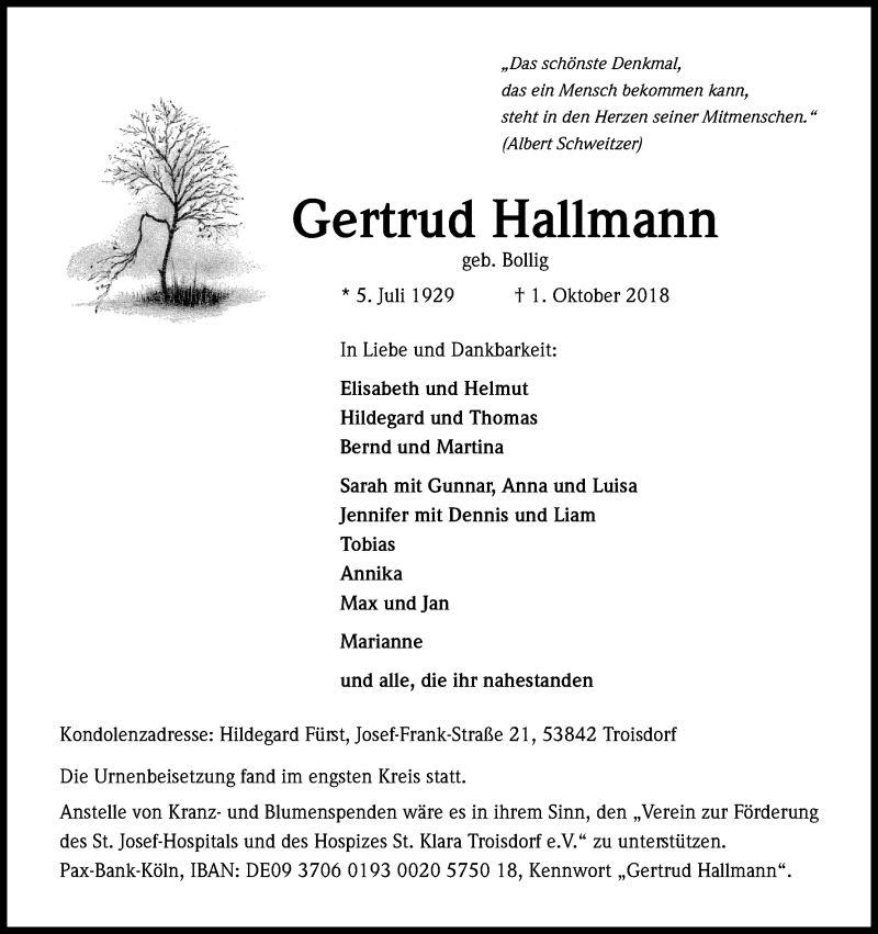  Traueranzeige für Gertrud Hallmann vom 20.10.2018 aus Kölner Stadt-Anzeiger / Kölnische Rundschau / Express