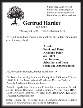 Anzeige von Gertrud Harder von  Wochenende 