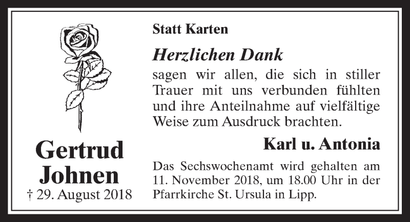  Traueranzeige für Gertrud Johnen vom 31.10.2018 aus  Werbepost 