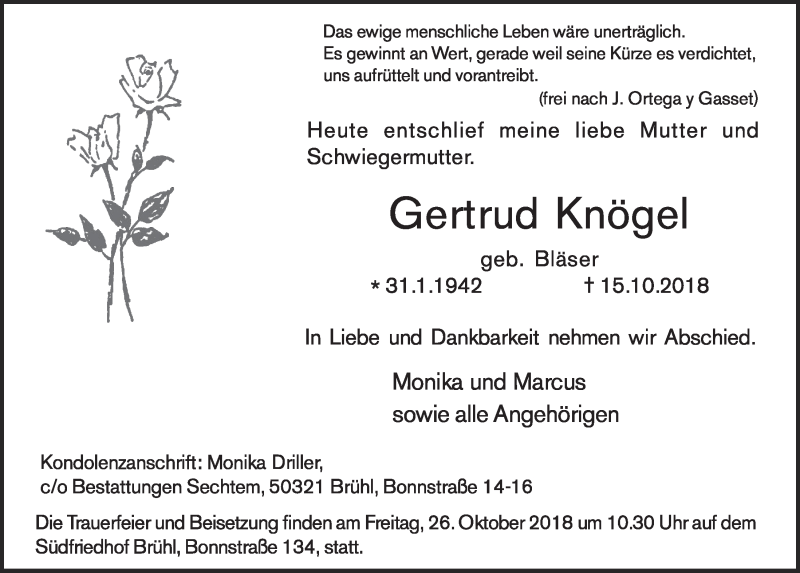  Traueranzeige für Gertrud Knögel vom 24.10.2018 aus  Schlossbote/Werbekurier 