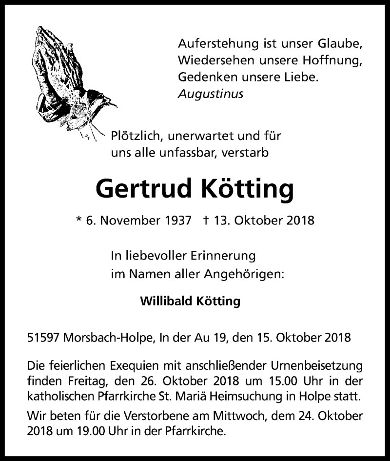  Traueranzeige für Gertrud Kötting vom 19.10.2018 aus Kölner Stadt-Anzeiger / Kölnische Rundschau / Express