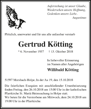 Anzeige von Gertrud Kötting von  Lokalanzeiger 