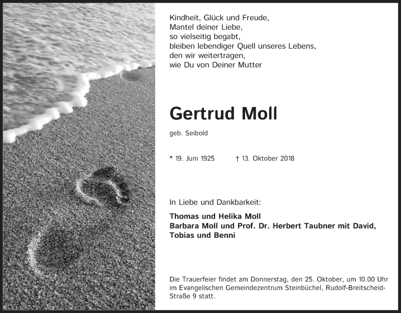  Traueranzeige für Gertrud Moll vom 20.10.2018 aus Kölner Stadt-Anzeiger / Kölnische Rundschau / Express