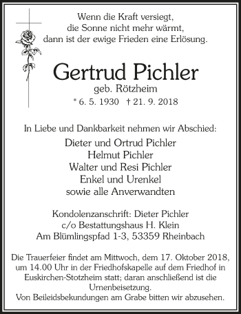 Anzeige von Gertrud Pichler von  Blickpunkt Euskirchen 