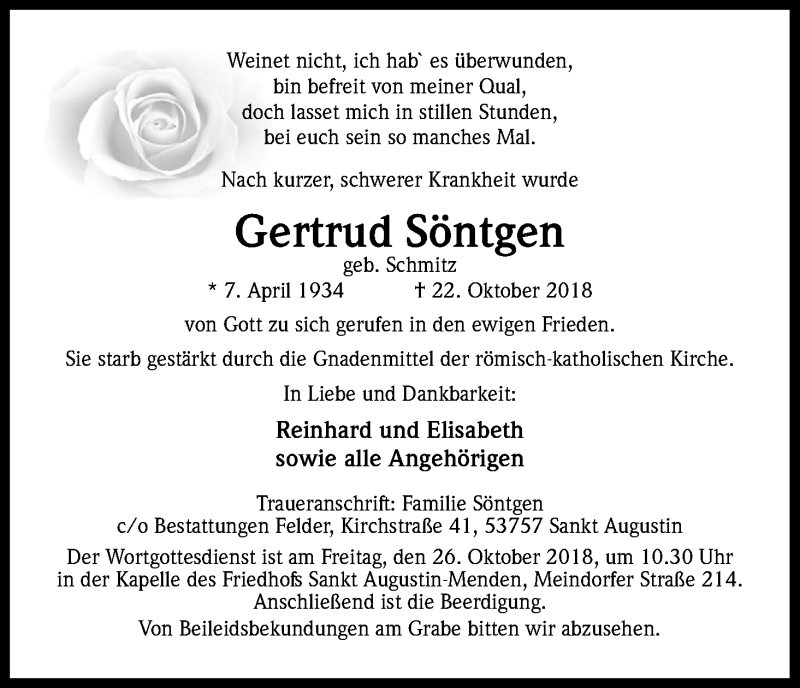  Traueranzeige für Gertrud Söntgen vom 24.10.2018 aus Kölner Stadt-Anzeiger / Kölnische Rundschau / Express