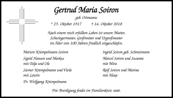 Anzeige von Gertrud Maria Soiron von Kölner Stadt-Anzeiger / Kölnische Rundschau / Express