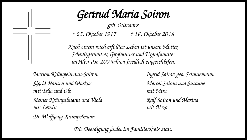 Traueranzeige für Gertrud Maria Soiron vom 24.10.2018 aus Kölner Stadt-Anzeiger / Kölnische Rundschau / Express