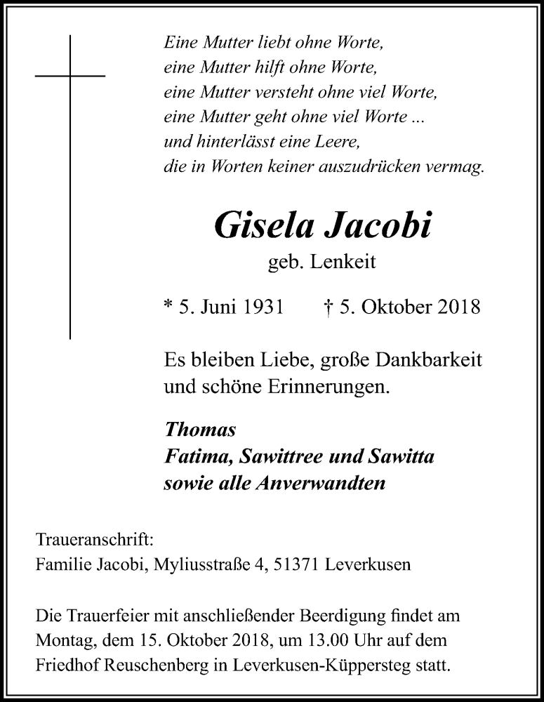  Traueranzeige für Gisela Jacobi vom 11.10.2018 aus Kölner Stadt-Anzeiger / Kölnische Rundschau / Express