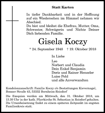 Anzeige von Gisela Koczy von Kölner Stadt-Anzeiger / Kölnische Rundschau / Express