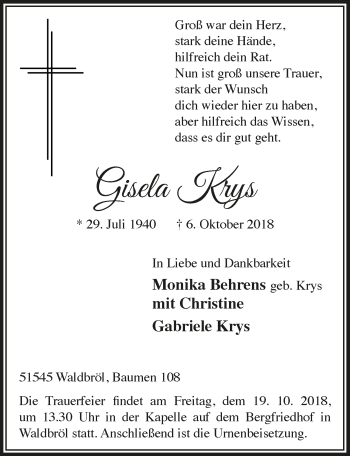 Anzeige von Gisela Krys von  Lokalanzeiger 