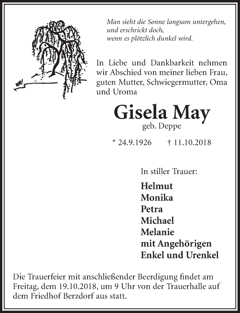  Traueranzeige für Gisela May vom 17.10.2018 aus  Schlossbote/Werbekurier 